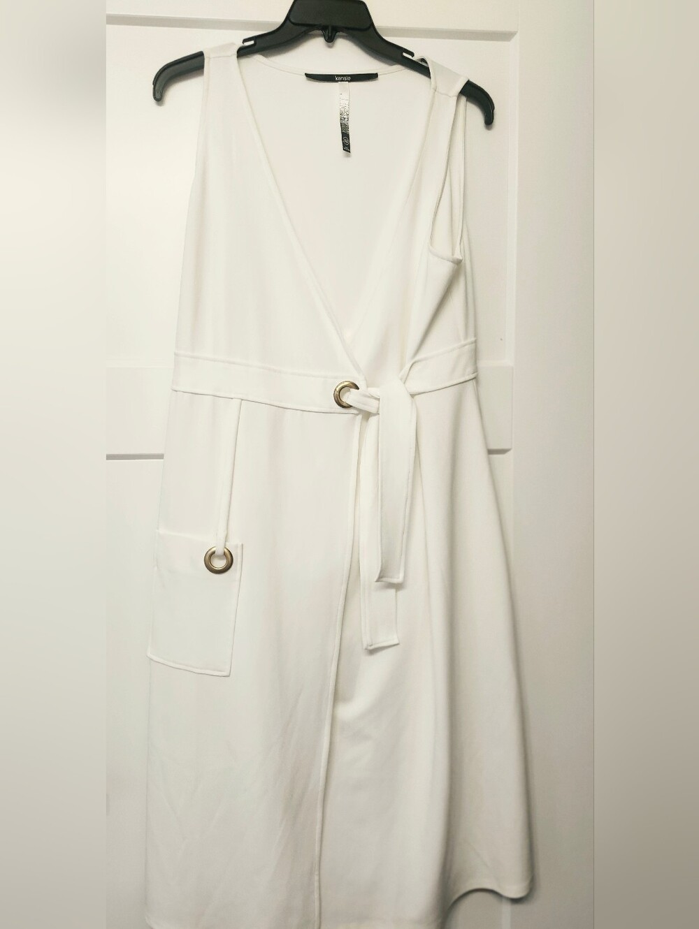 Kensie White Sleeveless Wrap Dress with Belt and Grommet Detail